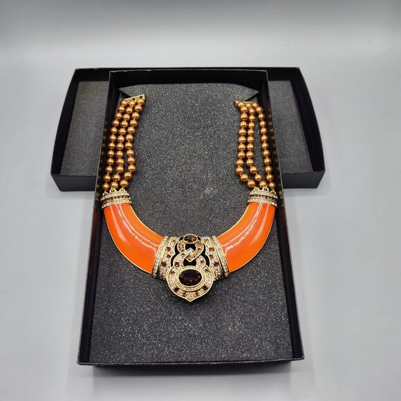 Heidi Daus Signature Accent Orange Faux Pearl Topaz Crystal Resin Bib Necklace - Picture 1 of 14